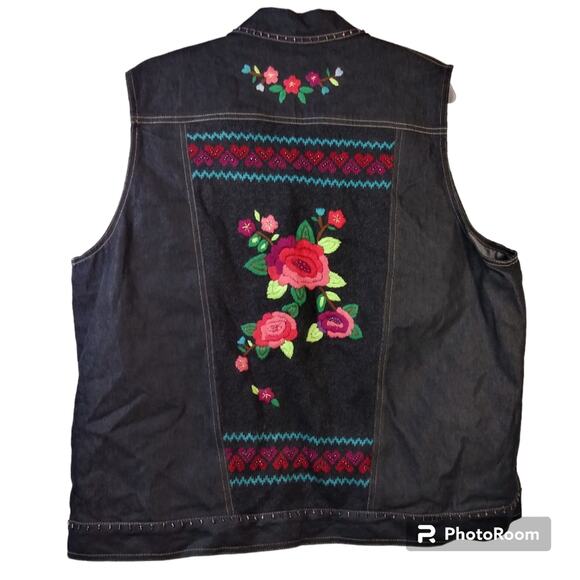 Alfred Dunner Black Denim Embroidered Embellished Button Front Vest Size 18 - Picture 1 of 7